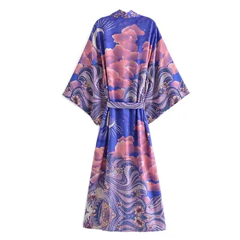 Ir 2021. Bohēmijas Sieviešu Blue Space Moon Flower Drukas Kimono Krekls BOHO Pludmale, Jūra Loku Vērtnes Maxi Long Cardigan Blūze Brīvdienu Topi