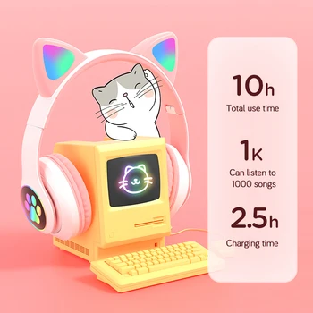 Kaķa Auss Kid Austiņas Ar Mikrofonu Bluetooth Bezvadu Bass Trokšņa Slāpēšanas Austiņas LED Meitene Stereo Mūzikas Austiņas Atbalsta TF Karti