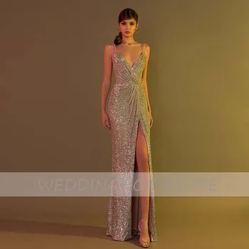Sparkle Sirēna Vakara Kleitas Ilgi Luksusa 2021 Elegants Spageti Siksnas Pusi Sadalīt Sequin Līgavas Balles Kleitas, drēbes de soirée