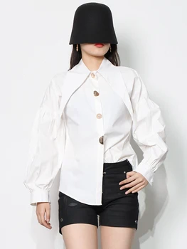 GALCAUR korejas Modes Krekls Sievietēm Atloks ar garām Piedurknēm Cietā Minimālisma Taisni Pogu, Caur Blūze Sieviešu Drēbes Jaunas