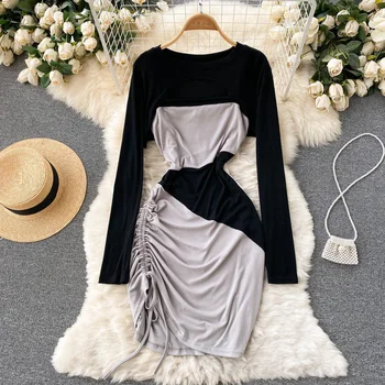 Modes Sievietes 2 Gabals, Kas Melns Ar Garām Piedurknēm Apgriezts Augšu + Spageti Siksnas Piedurknēm Aukliņu Mini Bodycon Dress Kostīmi Tērpi
