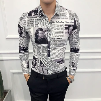 Personības Jauniešu Modes Tendence Gadījuma Vīriešu garām piedurknēm Krekls Pavasarī un Rudenī Jauno M-5XL Iespiests Laikrakstā Slim Krekls 2019
