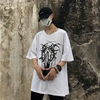 Vasaras korejas Vintage Krekls Tumši Izdrukāt Liela Izmēra Zaudēt Pāris Īsām piedurknēm T-krekls Vīriešiem, Sievietēm Studentiem Punk Gothic Unisex Augšu