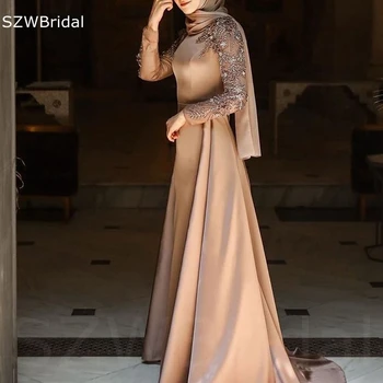 Jaunas Ielidošanas Satīna garām piedurknēm Vakara kleitas Mežģīnes Fāzēm Caftan Dubaija vakarkleita Vestidos de noite Balli Puse kleita