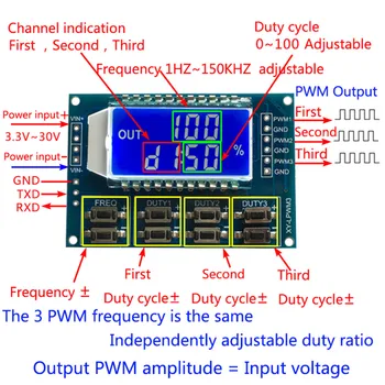 3 Kanālu LCD Apgaismojums Digitālo Signālu Ģenerators Kvadrātveida Vilnis PWM Pulsa Frekvence Maksājumu Attiecība Regulējams Modulis 1 hz-150Khz