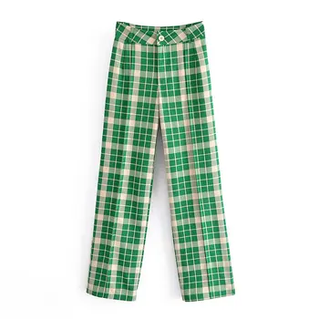 Modes Sievietes Zaļā Pleds Drukāt Uzvalku Bikses Bikses Vintage Stila Kabatām Pogas Birojs Dāma Bikses Pantalon