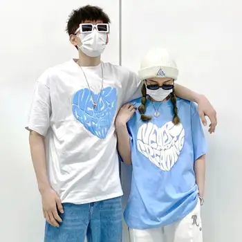 Mīlestība Appliques Smieklīgi Harajuku Pāru T-krekls Unisex Īsās Piedurknes O Kakla Vasaras Top 2022 Modes Melns Balts Zils Kawaii Drēbes