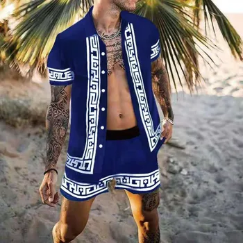 Vasaras Vīriešiem Drukāšanas ierīces Modes Tendence Havaju Ikdienas Komplekts Vīriešu Kārtas-Apkakle Jaciņa, Krekls Un Pludmales Šorti Divas Uzvalks