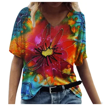 Vasaras Drēbes Sievietēm 2021new Sieviešu Tops ar V-veida kakla Ziedu Drukāt T-krekls Gadījuma Streetwear Mīksti Topi Plus Lieluma Sieviešu Apģērbu