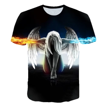 3D T-krekls vīriešu punk O-veida kakla melnās vasaras īsām piedurknēm spārniem print T-krekls vīriešu un sieviešu eņģeļi un dēmoni T-krekls streetwe