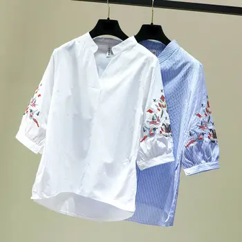 Mori Balts Krekls, Sieviete, Topi Stāvēt V Kakla Zilās Blūzes Vasaras Harajuku Japāņu Krekls Dāmas Gadījuma Izšuvumi Krekli Blusa Mujer