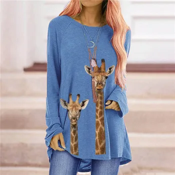 Jaunā Žirafe Radošo Iespiests T-Krekls Sievietēm Gadījuma Tee Kreklu Rudens Ar Garām Piedurknēm Ar Apaļu Kakla Topi Brīvs Modes Dāma, Džemperi, Topi