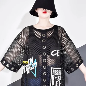 Plus Lieluma Sieviešu T Krekls Vasaras Dobi No Salaist Tīkla Streetwear korejiešu Stilā, Apģērbu Druka Vēstuli, Melns Neto Topi Seksīgs apģērbs