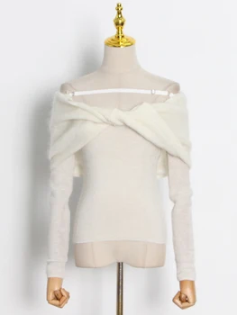 TWOTWINSTYLE Elegantais Casual Slim Cietā Minimālisma Puloveri Sievietēm Slash Apkakli, garām Piedurknēm Džemperis Sieviešu Modes Stila 2021