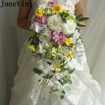 JaneVini Mākslīgo Balto Līgavas Pušķis Ūdenskritums Mežģīnes Līgava Zīda Ziedi Ārpus Līgava Kāzu Bouquet De Fleurs Blanche 2020
