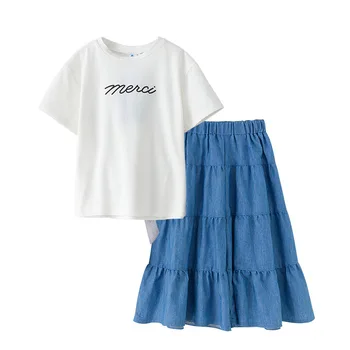 Modes Pusaudžu Bērni Meiteņu Apģērbu Komplekti, Īsām Piedurknēm Topi Plaša Kāju Bikses Vasaras Apģērbs Bērnu Mīksti Džinsi un Balts T-Krekls 2gab