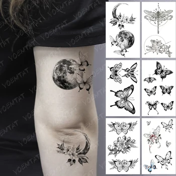 Ūdensnecaurlaidīgus Pagaidu Tetovējumu Uzlīmes Mēness Tauriņa Spārni Ziedu Lapu Tatto Roku Rokā, Sieviete, Vīrietis, Bērns, Body Art Tetovējums