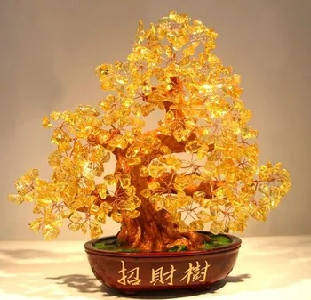 25cm Dabiskā kristāla dzeltena laimi koka apdare, koks naudas koks