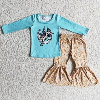 Vairumtirdzniecības Bērniem, Modes Dizaina Veikals Apģērbs Mazulim Meiteņu Drēbes Melnas Piedurknes Zirgu Kovboju Zvani Bikses Bērniem Toddler Komplekts