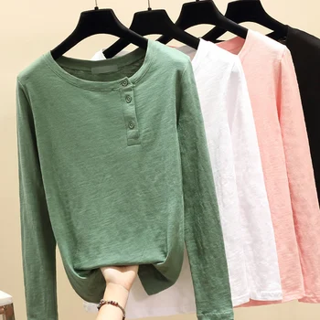 Ir 2021. Sieviešu Pavasarī, Rudenī Gadījuma T-Krekls Modes Korejas Apaļu Kakla T Kokvilnas krekls ar garām Piedurknēm Topi, Rozā, Zaļa, Balta Plus Lieluma