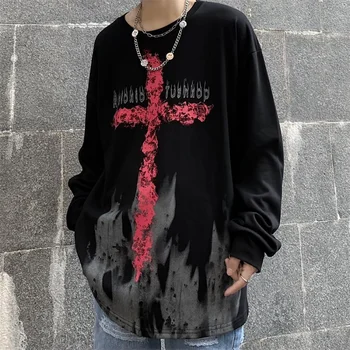 HOUZHOU Harajuku Gothic T-krekls Tumši Melns ar garām Piedurknēm T Krekli Zaudēt Lielgabarīta Grafiskais Grunge Estētisko Streetwear Y2k Topi