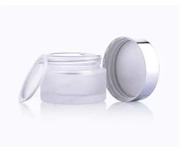 20 X Jauna Sala Stikla Make Up Cream Jar Pot Konteineri Ar Uv Spīd Sudraba Cepurīte un Balta Pad 15g 30g 50g
