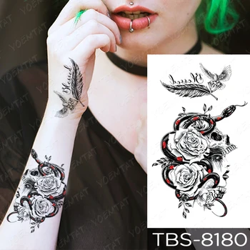 Ūdensnecaurlaidīgus Pagaidu Tetovējumu Uzlīmes Čūska Rožu Galvaskausa Flash Tetovējumiem Cilts Atdzist Meitene Body Art Rokas Ūdens Nodošanu Viltus Tetovējums Sievietēm