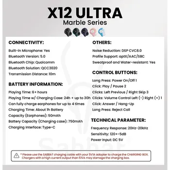 Sabbat X12 Ultra Marmora Sērijas Bluetooth Austiņas Taisnība Bezvadu Stereo Qualcomm TWS Austiņas Mini Ūdensizturīgs Sporta Mic