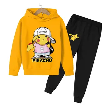 Pavasara/Rudens Ir 2021. Jaunu modes cute bērnu zīmolu apģērbu komplekts Meitenēm ar garām piedurknēm 3d iespiesti Pikachu bērnu pelēkā vārna + bikses