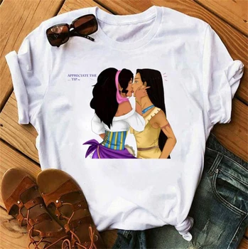 Disney Lesbiešu Princese Skūpsts Grafikas Iespiestas Sieviešu T-krekls ar Īsām Piedurknēm Vasaras Modes Gadījuma Multfilmu Top Lakrosa Sieviešu