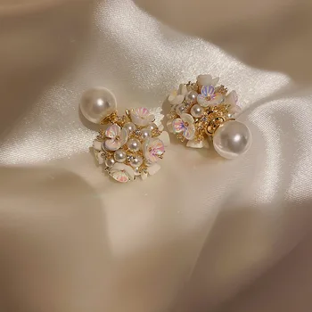 Modes White Shell Ziedu Bumbu Pērļu auskariem Sievietēm CZ Imitētu Pērle Elegants Earings 2021Trend Rotaslietas