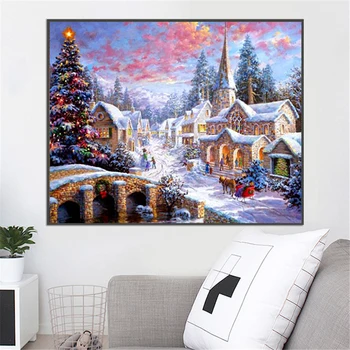 5D DIY Dimanta Krāsošanas Komplektu Ziemas Sniega Dekorācijas Dimanta Izšuvumi Pilnu Kvadrātveida/Apaļā Rhinestone Mosaic House Ainavu Pāri Māksla