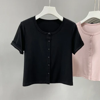 HAN Īsām piedurknēm T-krekls sievietēm vasarā jaunu apaļu kakla augsta vidukļa multicolor buttoned vienkāršs un universāls zemāko krekls