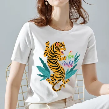 Jaunas Vasaras Sieviešu Tīģeris un Leopards Drukāt T-krekls, Balts Sieviešu Īsām piedurknēm Top, Dāmas Gadījuma Raksts, Apaļš Kakla Top Tees