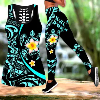 Pārsteidzošs Polinēziešu Jūras Bruņurupucis Tattoo & Ziedi 3D Visas Iespiests Legging & Tvertne top Sexy Elastīgs Sieviešu Izdilis Stulpiņi 2021
