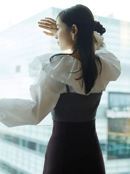 Ir 2021. rudens un ziemas jauno Japānas tīrtoņa krāsu lotus leaf loku loku burbulis garām piedurknēm krekls sievietēm