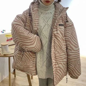 Modes Zebra Drukāt Kapuci Sievietēm Parkas korejiešu Stilā Zaudēt garām Piedurknēm Mētelis Sieviete Ziemas Atpūtas Siltumu Sieviešu Jaka Drēbes