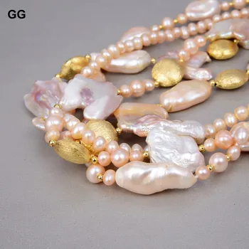 GuaiGuai Rotaslietas Dabas Pērle 4Rows Violeta Keshi Baroka Pērle Monēta Rozā Biwa Pērle, Zelta Krāsā Monētas Kaklarota Sievietēm