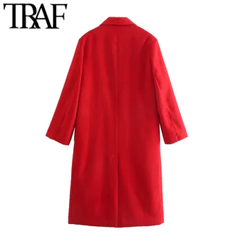 TRAF Sieviešu Modes Dubultā Krūtīm, Mīksti Vilnas Mētelis Vintage garām Piedurknēm Flap Kabatām Sieviešu Virsdrēbes Elegants Mētelis