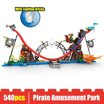 Caribbeaned 540PCS Pirātu Atrakciju Parka Celtniecības Blokus Uzstādīt Radošo DIY amerikāņu Kalniņi Modelis Ķieģeļu Rotaļlietas Bērniem Dāvanas