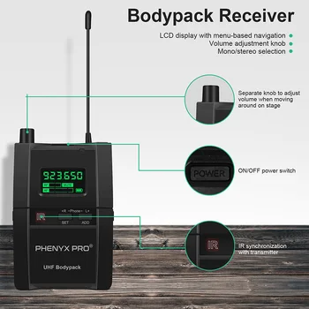 Phenyx Pro UHF Bezvadu Stereo in Ear Monitor Audio Sistēma, 4 Bodypack Uztvērēji Izvēlēties 900MHz Frekvenču Joslas Rack Mountable