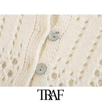 TRAF Sieviešu Modes Dobi Ārā Apgriezti, Adīt Tamborēt Džemperis Vintage Izlīdzināšanu Piedurknēm Pogas-uz augšu Sieviešu Džemperi Šiks Topi