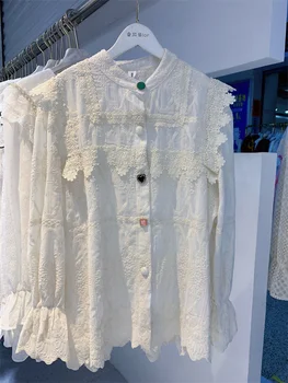 2022. gada Pavasara Apģērbu Modes Mežģīņu Izšūšanas Izšūti Šifona Kreklu Izsmalcinātu Pogu Zaudēt ar garām Piedurknēm ar Mežģīņu Blūze Visu maču