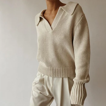 Ir 2021. Eiropas un Amerikas Sieviešu Jauns Atloks garām piedurknēm Džemperis tīrtoņa Krāsu Universāls Top Brīvs Modes Gadījuma Džemperis Sievietēm