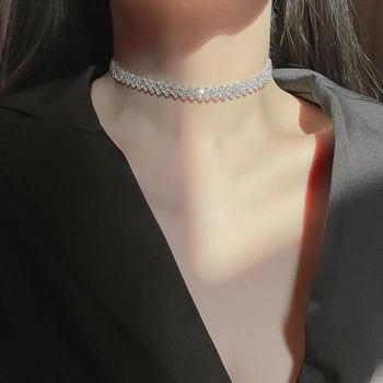 Modes Pilnu Rhinestone sānslīdi kaklasaite Kaklarotas Sievietēm Ģeometriskā Spīdīgas Kristāla Kaklarotas Kāzas Rotaslietas Collier Femme