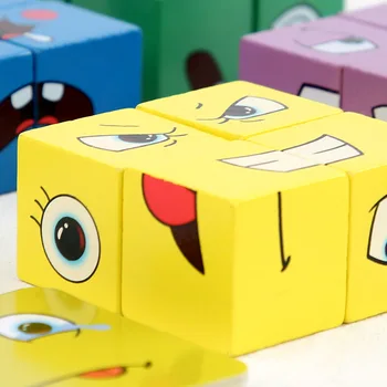 Montessori Bērnu Rotaļlietu Karikatūra Jigsaw Puzzle Cube Sejas Mainās Gudru Spēli Izglītības Rotaļlietas Bērniem, Koka Celtniecības Bloki