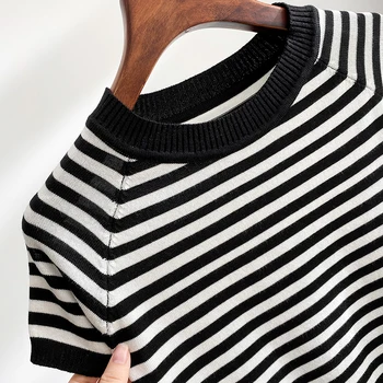 Plus Lieluma Vasaras Īsām Piedurknēm Svītrains Džemperis Sieviešu Džemperis Adītas 2022 Džemperi, Topi Korejas Pull Femme Sieviešu Džemperis