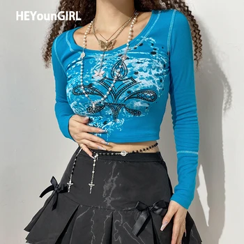 HEYounGIRL Harajuku garām Piedurknēm Grunge Kultūraugu Top T Krekls Sievietēm Gadījuma V Kakla Goth 2000s Estētisko T-krekls Dāmas Rudens Pamata