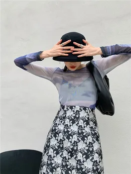 CHEERART Ledāja Acs Top Kritums Ir 2021. Sieviešu Modes Kaklasaiti Krāsošanas T Krekls Redzēt Cauri garām Piedurknēm Tees Moderns Dizaineru Drēbes Rudens