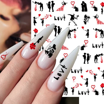 3D Nagu Slīdni Melnā Līnija Mīlestību Sirdī Dizains Valentīna Diena, Mīlestība Abstrakts Raksturs Ģeometriskās Līnijas Fashion Nail Art Uzlīme